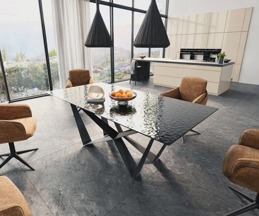 DELIFE Eetkamertafel Edge 200x100 Glas smelten rokerig zwart 3D-Relief spider vlak staal zwart