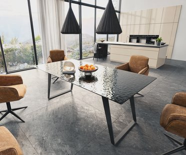 DELIFE Eetkamertafel Edge 200x100 Glas smelten rokerig zwart 3D-Relief metaal schuin zwart