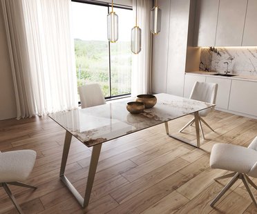 DELIFE Eetkamertafel Edge 200x100 keramiek Minas Melange wit-beige RVS schuin