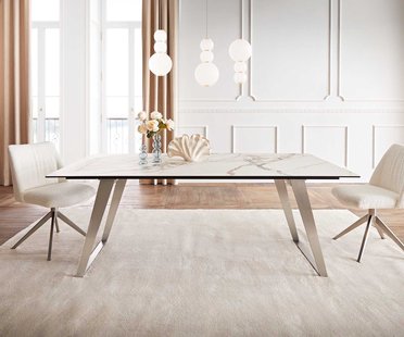 DELIFE Eetkamertafel Edge 200x100 keramiek Calacatta Luxe wit-goud-grijs RVS schuin