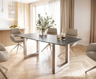 DELIFE Eettafel Edge Bootsform 200x100 keramiek Laminam® Nero Greco grijs roestvrij staal breed