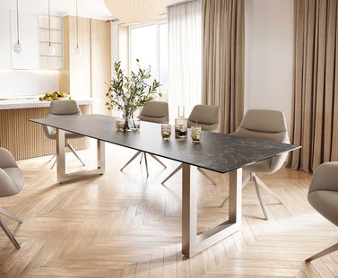 DELIFE Eettafel Edge 300x100 keramiek Laminam® Nero Greco grijs roestvrij staal breed
