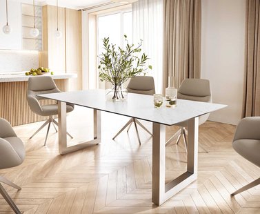 DELIFE Eettafel Edge 200x100 keramiek Laminam® Statuarietto wit roestvrij staal breed