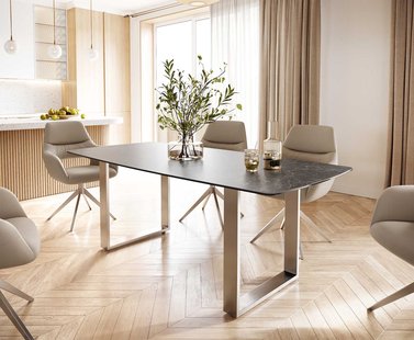 DELIFE Eettafel Edge Bootsform 200x100 keramiek Laminam® Nero Greco grijs roestvrij staal smal