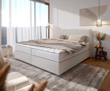 DELIFE Boxspringbed Dream-Well Bouclé crèmewit 200x200 cm met pocketveringmatras en Visco topper