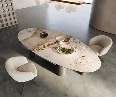 DELIFE Eettafel Edge ovaal 280x130 keramiek Minas Melange wit-beige pilier metaal effect afwerking titanium