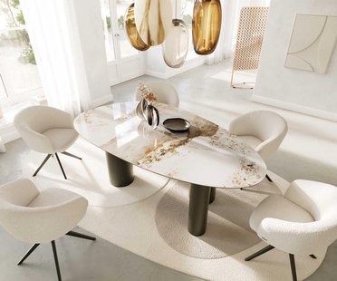 DELIFE Eettafel Edge ovaal 220x120 keramiek Minas Melange wit-beige pilier metaal effect afwerking titanium