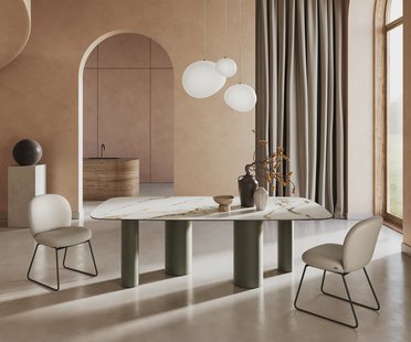 DELIFE Eettafel Edge boot 240x120cm keramiek Calacatta Luxe wit-goud-grijs pilier metaal effect afwerking titanium