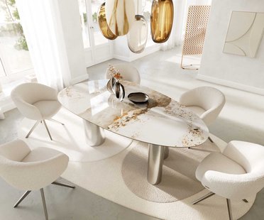 DELIFE Eettafel Edge ovaal 220x120 keramiek Minas Melange wit-beige pilier roestvrij staal