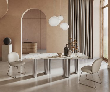 DELIFE Eettafel Edge boot 240x120cm keramiek Calacatta Luxe wit-goud-grijs pilier roestvrij staal