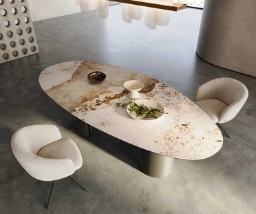 DELIFE Eettafel Edge ovaal 280x130 keramiek Minas Melange wit-beige Troa metaal effect afwerking titanium