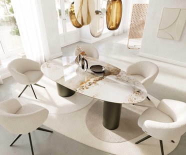 DELIFE Eettafel Edge ovaal 220x120 keramiek Minas Melange wit-beige Troa metaal effect afwerking titanium