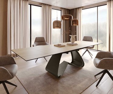 DELIFE Eettafel Edge 200-300x100 Keramiek Laminam® Sabbia Eikenkleur W-vorm Effectafwerking Titanium Uitschuifbaar