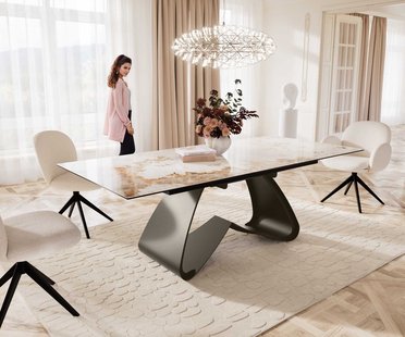 DELIFE Eettafel Edge 180-220x100 keramiek Minas Melange wit-beige W-frame effect afwerking titanium Uitschuifbaar