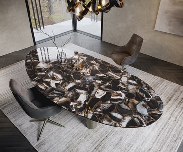 DELIFE Eettafel Edge Oval 280x130 keramiek Iris FMG Agatablack Troa metaaleffect afwerking titanium