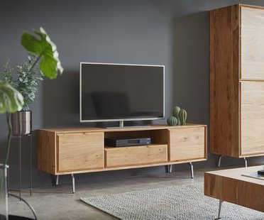 DELIFE Tv-meubel Shari 160 cm natuur acacia 2 deuren 1 lade 1 plank Gehoekte basis roestvrij staal