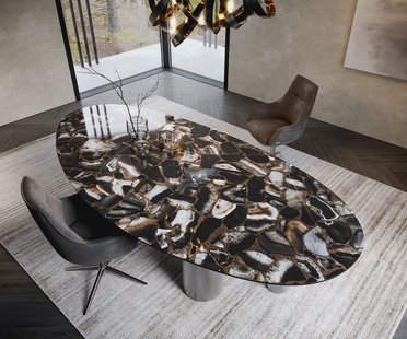 DELIFE Eetkamertafel Edge ovaal 280x130 keramiek Iris FMG Agatablack Pilier roestvrij staal grafiet