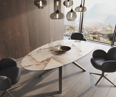 DELIFE Eetkamertafel Edge ovaal 220x120 keramiek Iris FMG Patagonia Lappato Zenthara hoekig metaal effectafwerking titaan