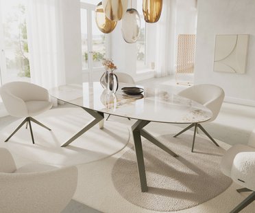 DELIFE Eetkamertafel Edge ovaal 220x120 keramiek Minas Melange wit-Beige Zenthara hoekig metaal effectafwerking titaan