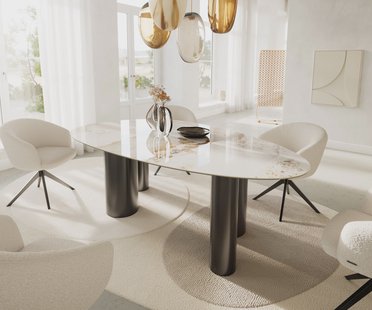 DELIFE Eetkamertafel Edge ovaal 220x120 keramiek Minas Melange wit-Beige Pilier roestvrij staal grafiet