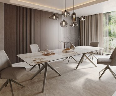 DELIFE Eetkamertafel Edge 300x100 keramiek Minas Melange wit-Beige Estelar rond  metaal effectafwerking titaan