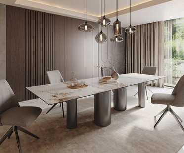 DELIFE Eetkamertafel Edge 300x100 keramiek Minas Melange wit-Beige Pilier roestvrij staal grafiet