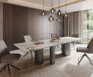 DELIFE Eetkamertafel Edge 300x100 keramiek Minas Melange wit-Beige Troa roestvrij staal grafiet