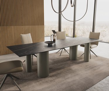 DELIFE Eetkamertafel Edge 300x100 keramiek Laminam®Noir Desir bruin Pilier metaal effectafwerking titaan