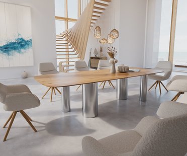 DELIFE Eetkamertafel Edge Boot 300x120x2,5-3 eiken natuurPilier roestvrij staal geborsteld zwitserse rand