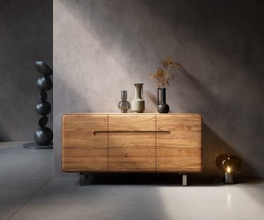 DELIFE Dressoir Anaya 145 cm natuur acacia 3 deuren L-onderstel roestvrij staal