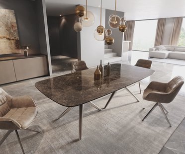 DELIFE Eetkamertafel Edge Boot 240x120 Laminam® Emperador Extra Lucidato donkerbruin Estelar rond  roestvrij staal