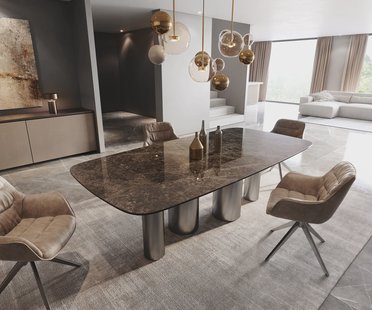 DELIFE Eetkamertafel Edge Boot 240x120 Laminam® Emperador Extra Lucidato donkerbruin Pilier roestvrij staal grafiet