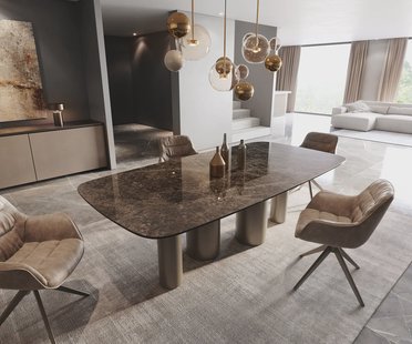 DELIFE Eetkamertafel Edge Boot 240x120 Laminam® Emperador Extra Lucidato donkerbruin Pilier metaal effectafwerking titaan