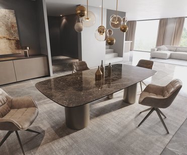 DELIFE Eetkamertafel Edge Boot 240x120 Laminam® Emperador Extra Lucidato donkerbruin Troa metaal effectafwerking titaan