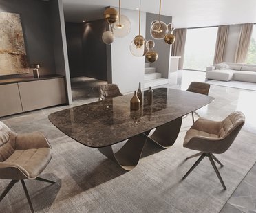 DELIFE Eetkamertafel Edge Boot 240x120 Laminam® Emperador Extra Lucidato donkerbruin Infinity metaal effectafwerking titaan