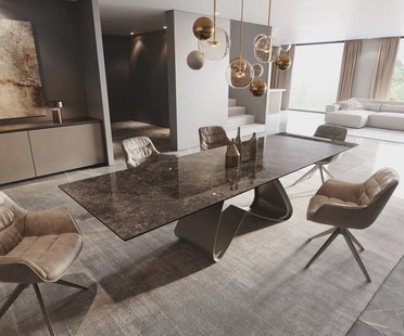 DELIFE Eetkamertafel Edge 200-300x100 Laminam® Emperador Extra Lucidato donkerbruin W-frame effectafwerking titaan uittrekbaar