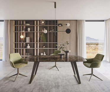 DELIFE Eetkamertafel Edge Boot 200x100 Laminam® Emperador Extra Lucidato donkerbruin metaal effectafwerking titaan schuin