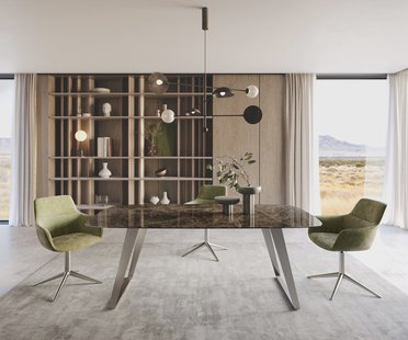 DELIFE Eetkamertafel Edge Boot 200x100 Laminam® Emperador Extra Lucidato donkerbruin roestvrij staal schuin