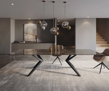 DELIFE Eetkamertafel Edge 300x100 Laminam® Emperador Extra Lucidato donkerbruin Zenthara hoekig metaal zwart