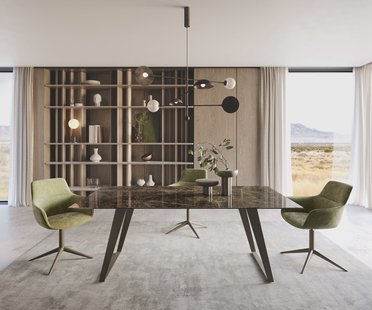 DELIFE Eetkamertafel Edge 200x100 Laminam® Emperador Extra Lucidato donkerbruin metaal effectafwerking titaan schuin