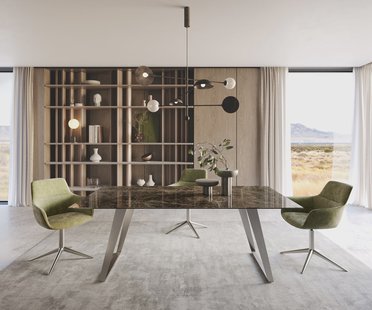 DELIFE Eetkamertafel Edge 200x100 Laminam® Emperador Extra Lucidato donkerbruin roestvrij staal schuin