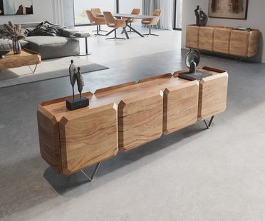 DELIFE Lowboard Kiano 200 cm Acacia Natuur 4 Deuren V-voet Edelstaal Roomdivider