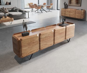 DELIFE Lowboard Kiano 200 cm Acacia Natuur 4 Deuren V-voet Zwart Roomdivider