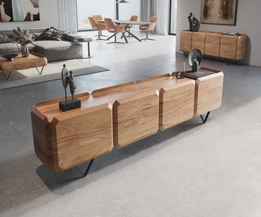 DELIFE Lowboard Kiano 220 cm Acacia Natuur 4 Deuren V-voet Zwart Roomdivider