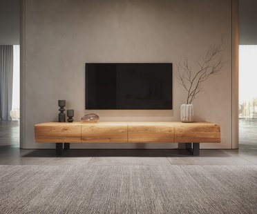 DELIFE Tv-meubel New Live-Edge 200 cm eiken natuur 4 deuren slede metaal zwart