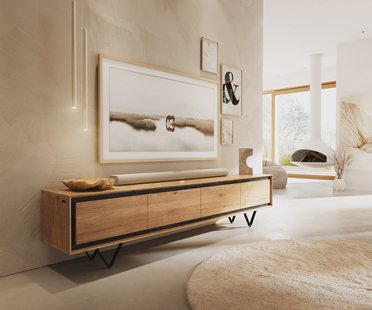 DELIFE Tv-meubel Stonegrace 200 cm eiken natuur 4 deuren steenfineer V-poot metaal zwart