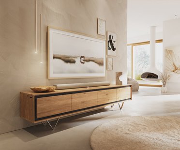 DELIFE Tv-meubel Stonegrace 200 cm Eik natuur 4 deuren Steenfineer V-poot roestvrij staal