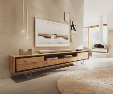 DELIFE Tv-meubel Stonegrace 240 cm natuur eiken 2 deuren 1 vak 2 laden steenfineer V-onderstel roestvrij staal