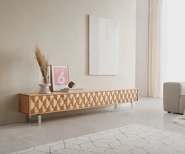 DELIFE Tv-meubel Fevo 220 cm eiken natuur 4 laden L-onderstel rvs