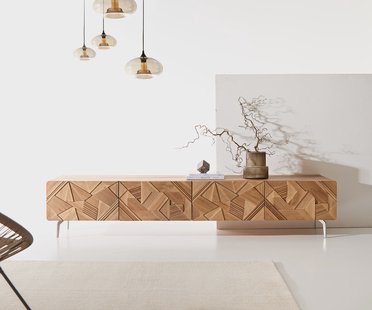 DELIFE Tv-meubel Eldoria 220 cm natuur iep 3D effect 2 deuren 2 laden hoekonderstel rvs